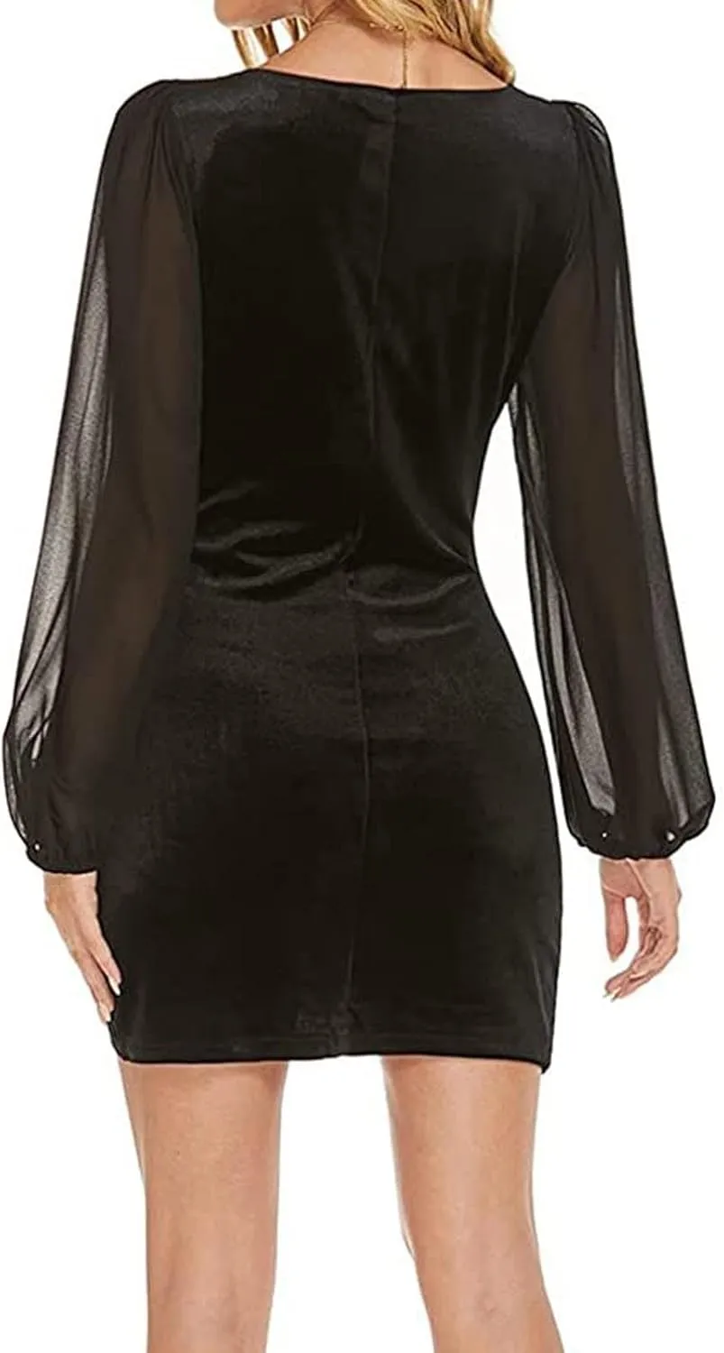 Women Sexy Bodycon Cross Ruched Wrap Sheath Dresses Mesh Long Sleeve V Neck Cocktail Mini Pencil Dress with Tulip Slit