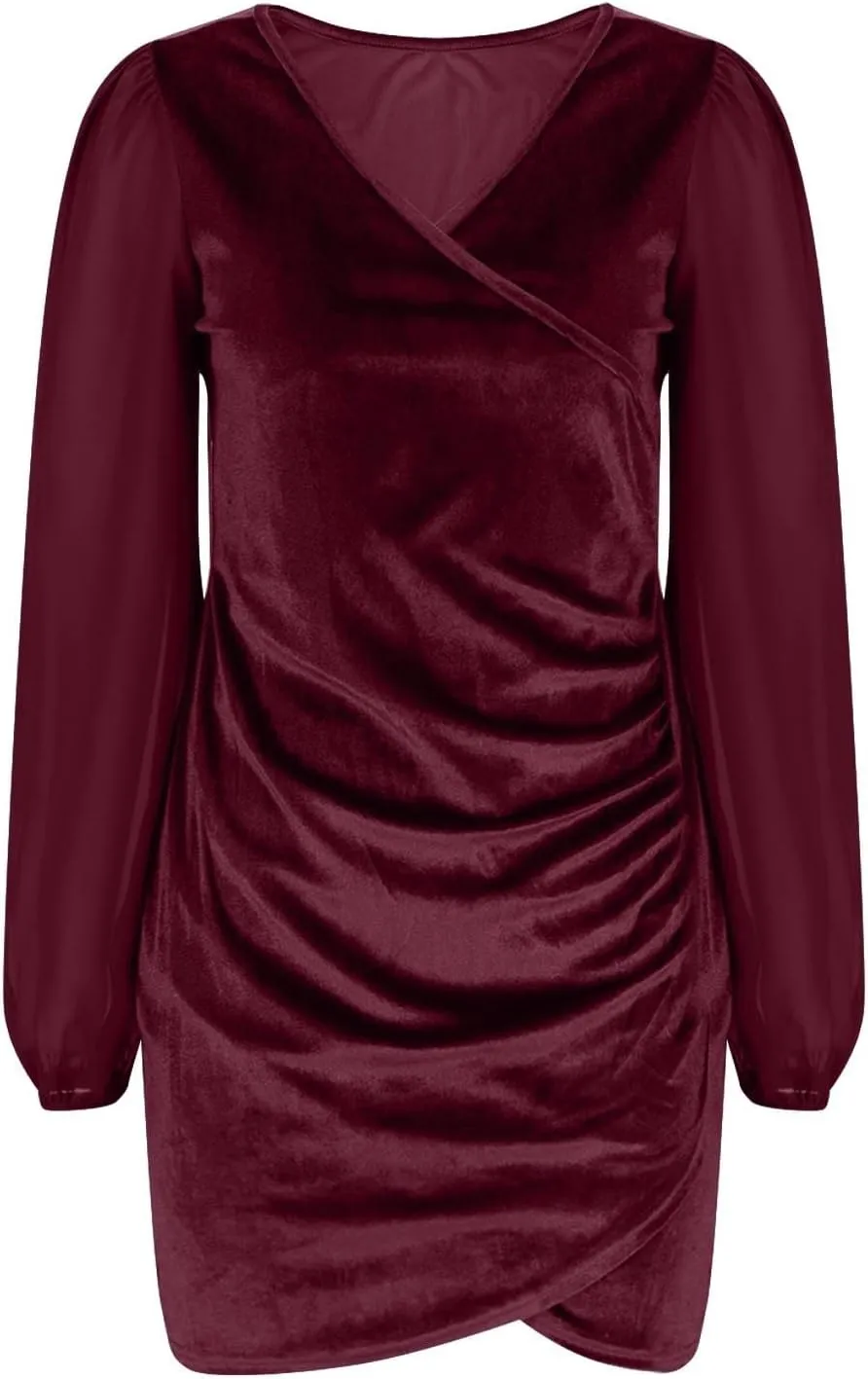 Women Sexy Bodycon Cross Ruched Wrap Sheath Dresses Mesh Long Sleeve V Neck Cocktail Mini Pencil Dress with Tulip Slit