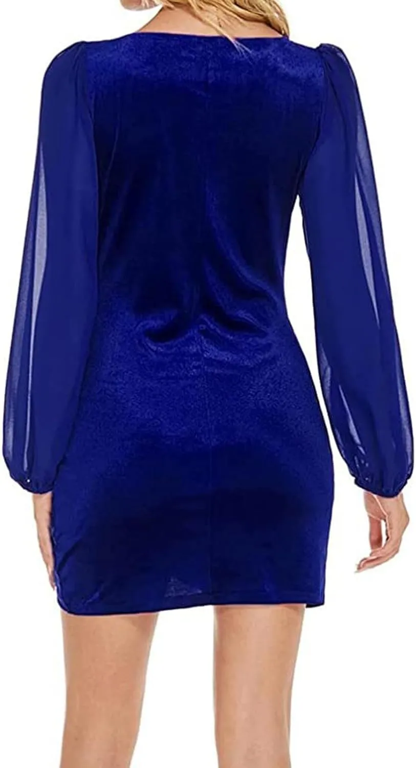 Women Sexy Bodycon Cross Ruched Wrap Sheath Dresses Mesh Long Sleeve V Neck Cocktail Mini Pencil Dress with Tulip Slit