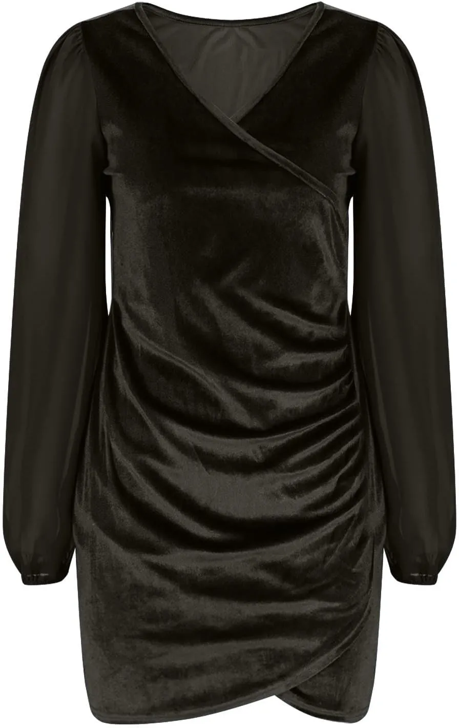 Women Sexy Bodycon Cross Ruched Wrap Sheath Dresses Mesh Long Sleeve V Neck Cocktail Mini Pencil Dress with Tulip Slit