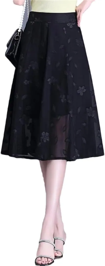 Women Summer Burning Flower A-Line Skirt High Waist Pleated Mid-Thigh Temperament OL Office Lady Midiskirt