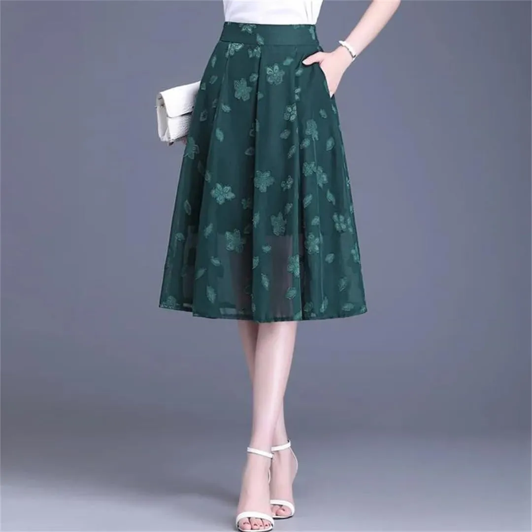Women Summer Burning Flower A-Line Skirt High Waist Pleated Mid-Thigh Temperament OL Office Lady Midiskirt