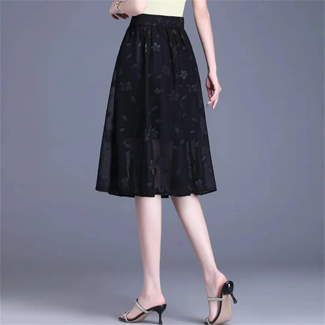 Women Summer Burning Flower A-Line Skirt High Waist Pleated Mid-Thigh Temperament OL Office Lady Midiskirt