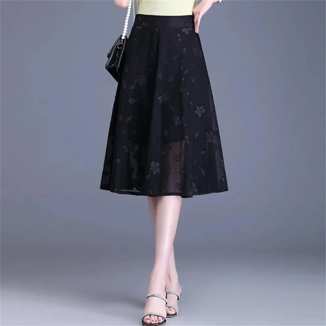 Women Summer Burning Flower A-Line Skirt High Waist Pleated Mid-Thigh Temperament OL Office Lady Midiskirt