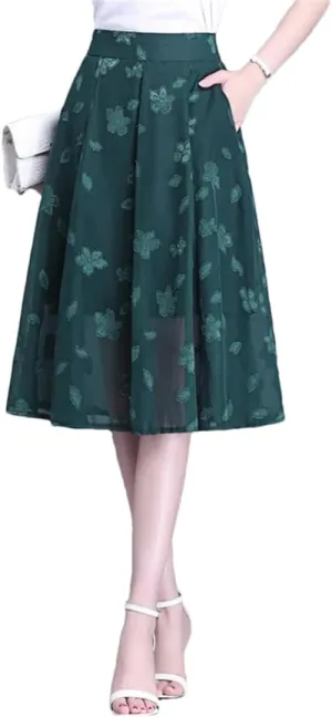Women Summer Burning Flower A-Line Skirt High Waist Pleated Mid-Thigh Temperament OL Office Lady Midiskirt