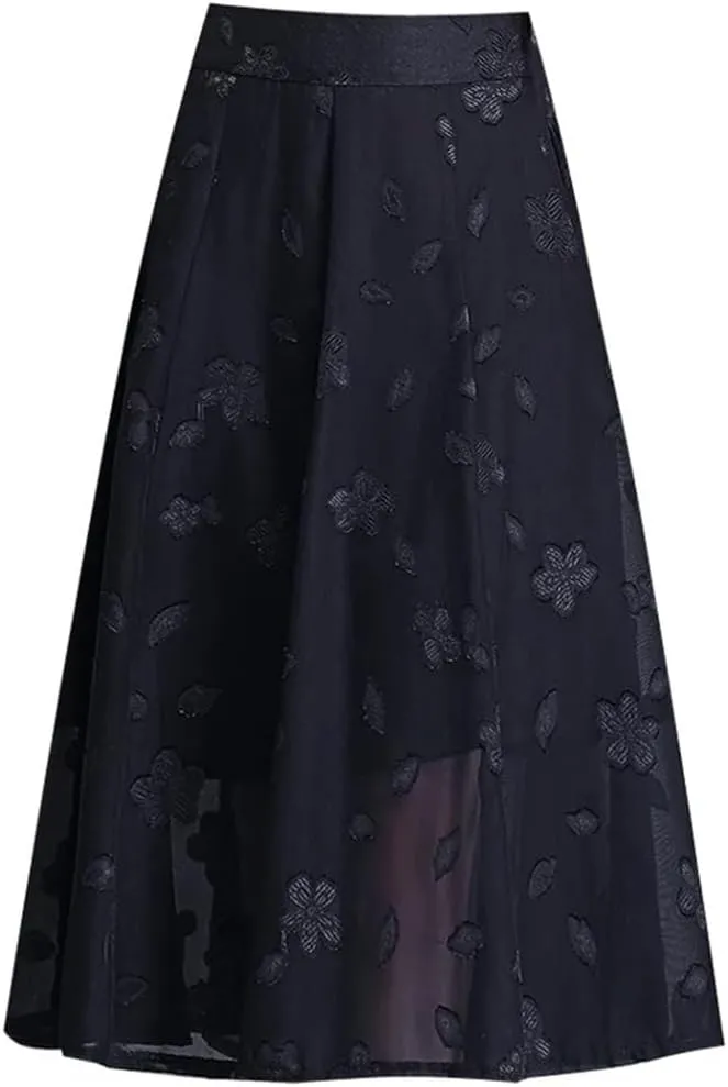 Women Summer Burning Flower A-Line Skirt High Waist Pleated Mid-Thigh Temperament OL Office Lady Midiskirt