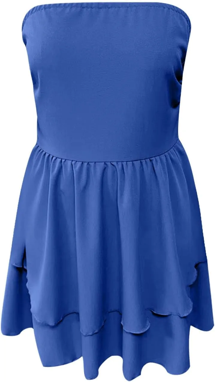 Women Summer Strapless Smocked Tube Dress Fashion Off Shoulder Ruffle Tiered Flowy Beach Boho Mini Sundress