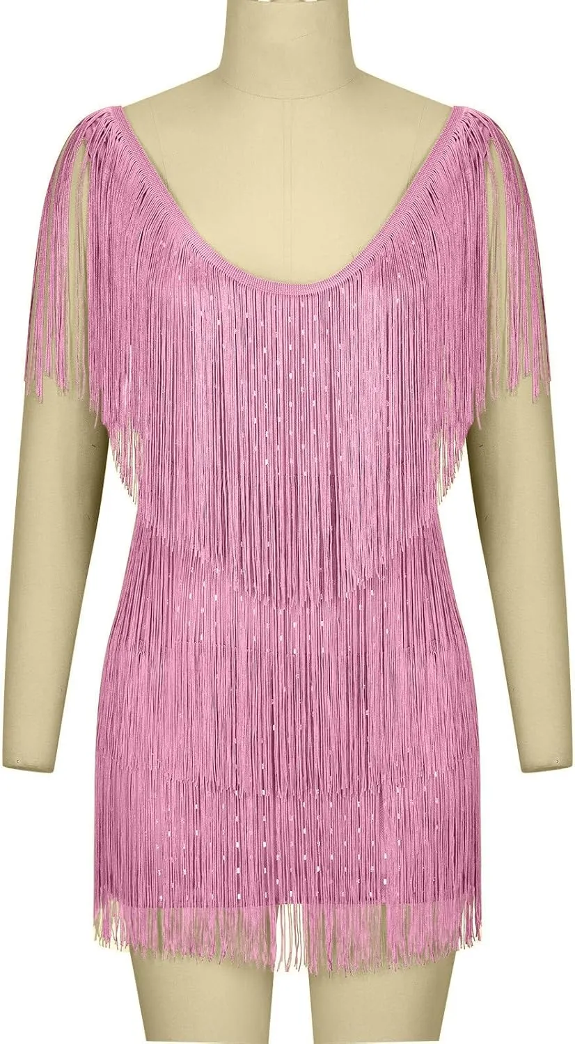 Women Tassel Sequin Dress V Neck Glitter Flapper Dresses Fringe 2025 Sparkly Club Evening Party Bodycon Plus Size