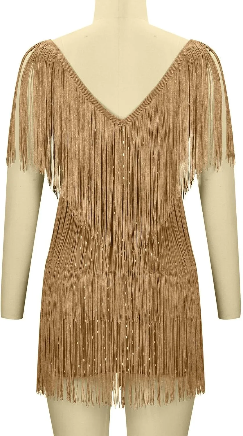 Women Tassel Sequin Dress V Neck Glitter Flapper Dresses Fringe 2025 Sparkly Club Evening Party Bodycon Plus Size