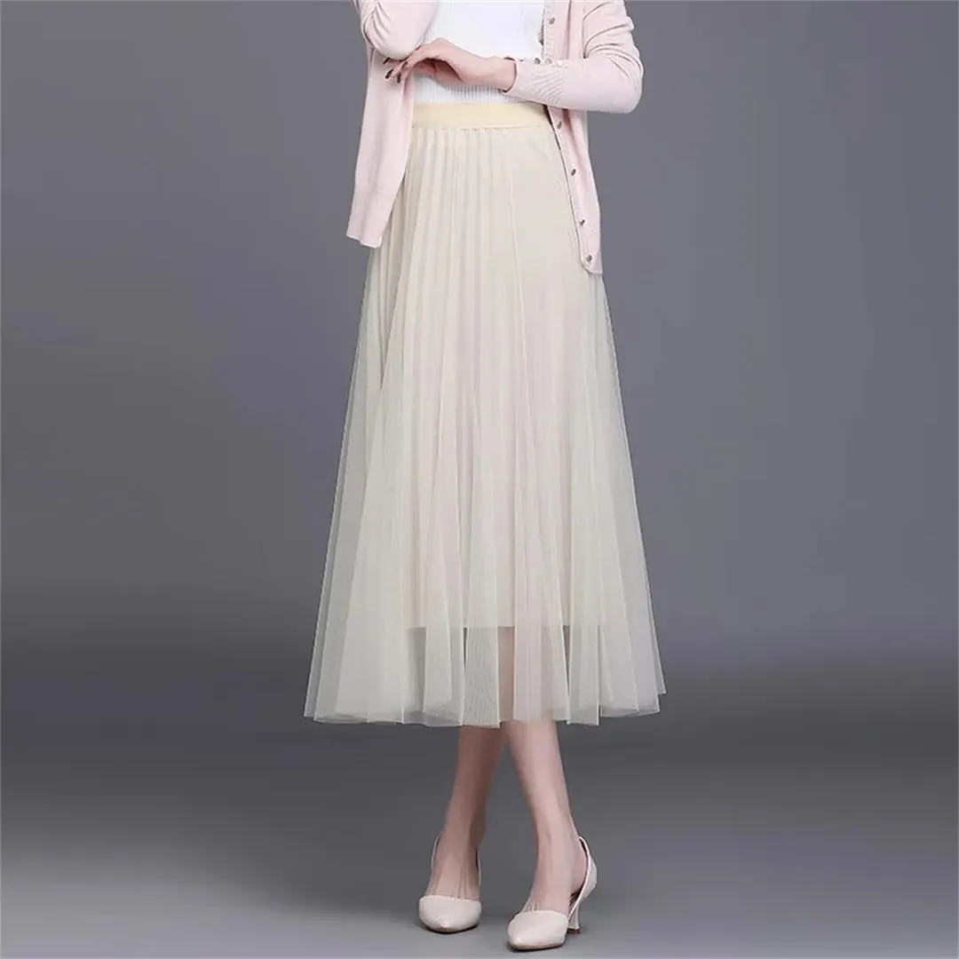 Women Temperament Midiskirt Spring Long Overknee High Waist Pleated Skirt OL Office
