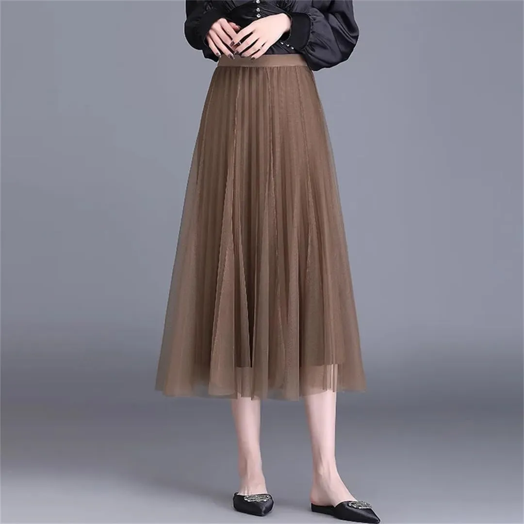 Women Temperament Midiskirt Spring Long Overknee High Waist Pleated Skirt OL Office