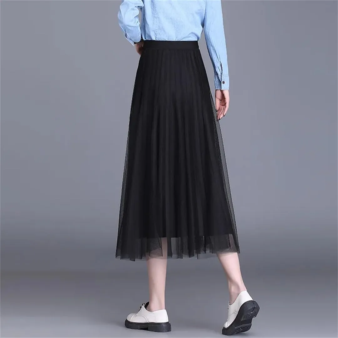 Women Temperament Midiskirt Spring Long Overknee High Waist Pleated Skirt OL Office
