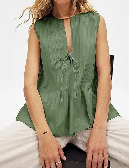 Women Tie Front Peplum Tank Top Sleeveless V Neck Y2K Babydoll Blouse Boho Pleated Ruched Flared Flowy Shirts