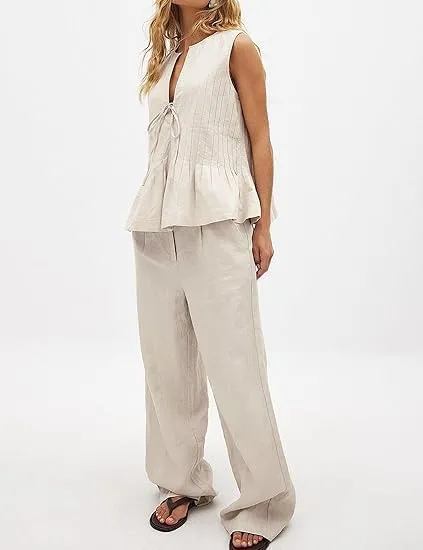 Women Tie Front Peplum Tank Top Sleeveless V Neck Y2K Babydoll Blouse Boho Pleated Ruched Flared Flowy Shirts