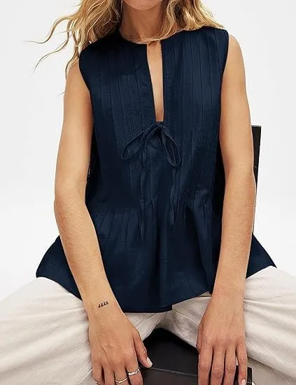 Women Tie Front Peplum Tank Top Sleeveless V Neck Y2K Babydoll Blouse Boho Pleated Ruched Flared Flowy Shirts