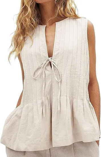 Women Tie Front Peplum Tank Top Sleeveless V Neck Y2K Babydoll Blouse Boho Pleated Ruched Flared Flowy Shirts