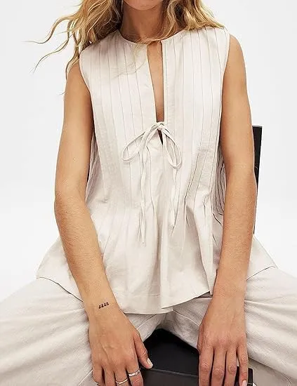 Women Tie Front Peplum Tank Top Sleeveless V Neck Y2K Babydoll Blouse Boho Pleated Ruched Flared Flowy Shirts