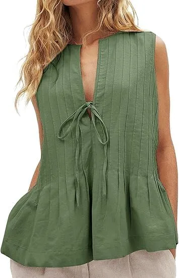 Women Tie Front Peplum Tank Top Sleeveless V Neck Y2K Babydoll Blouse Boho Pleated Ruched Flared Flowy Shirts