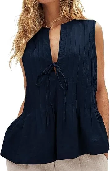 Women Tie Front Peplum Tank Top Sleeveless V Neck Y2K Babydoll Blouse Boho Pleated Ruched Flared Flowy Shirts