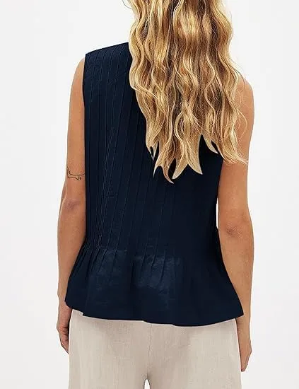 Women Tie Front Peplum Tank Top Sleeveless V Neck Y2K Babydoll Blouse Boho Pleated Ruched Flared Flowy Shirts