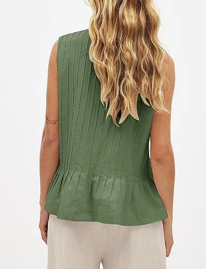 Women Tie Front Peplum Tank Top Sleeveless V Neck Y2K Babydoll Blouse Boho Pleated Ruched Flared Flowy Shirts
