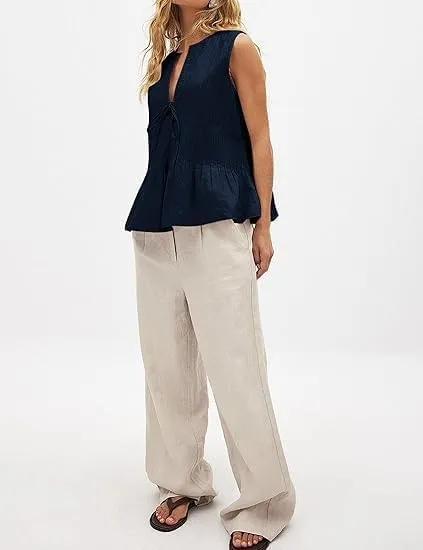 Women Tie Front Peplum Tank Top Sleeveless V Neck Y2K Babydoll Blouse Boho Pleated Ruched Flared Flowy Shirts