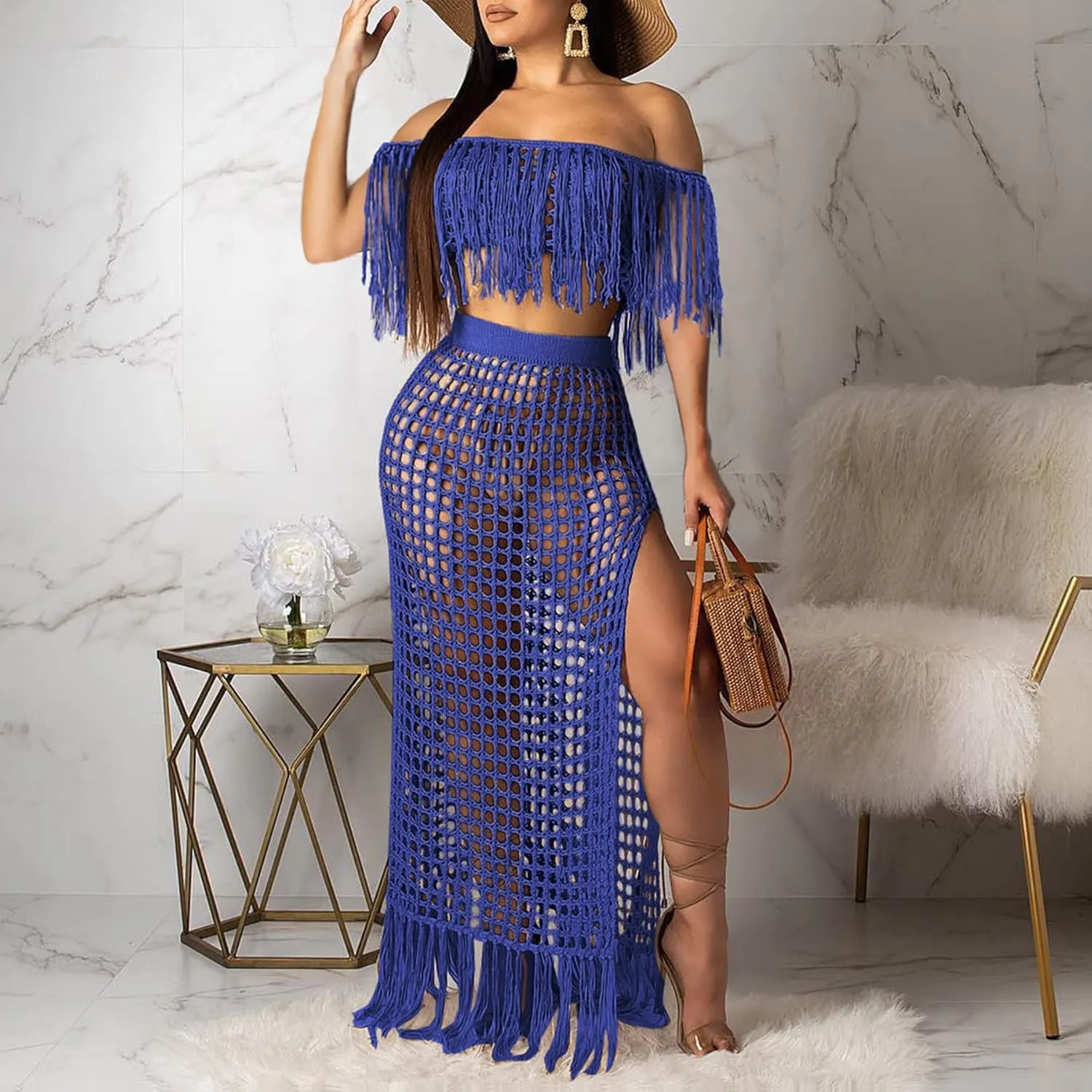 Women Two Piece Skirt Set Fringe Hollow Out Off Shoulder High Slit Bikini Beach Cover Up