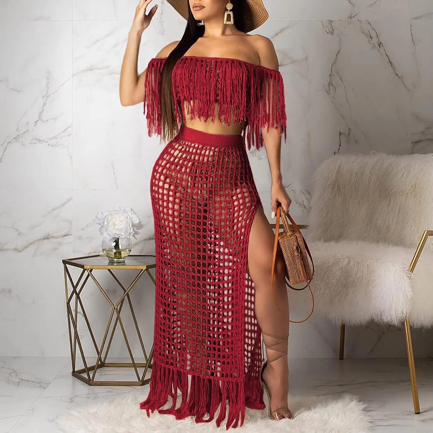 Women Two Piece Skirt Set Fringe Hollow Out Off Shoulder High Slit Bikini Beach Cover Up