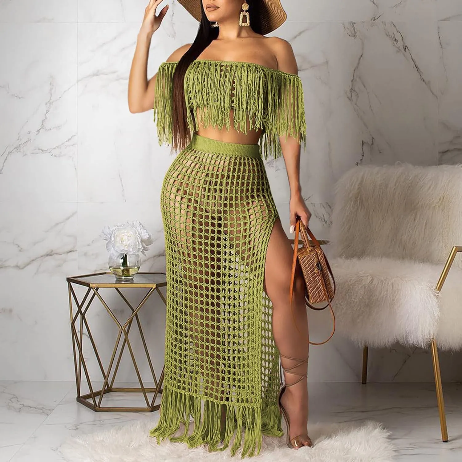 Women Two Piece Skirt Set Fringe Hollow Out Off Shoulder High Slit Bikini Beach Cover Up