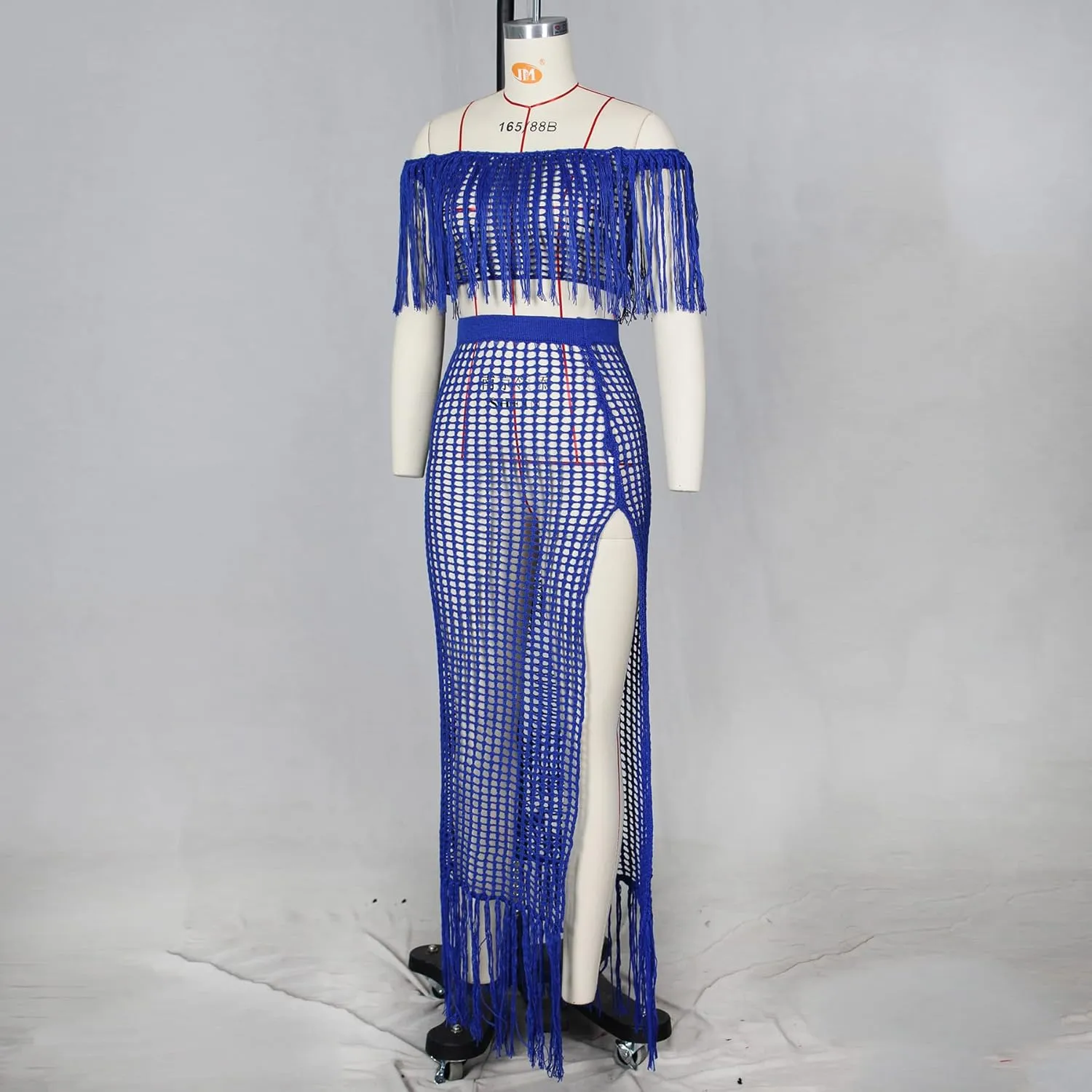 Women Two Piece Skirt Set Fringe Hollow Out Off Shoulder High Slit Bikini Beach Cover Up