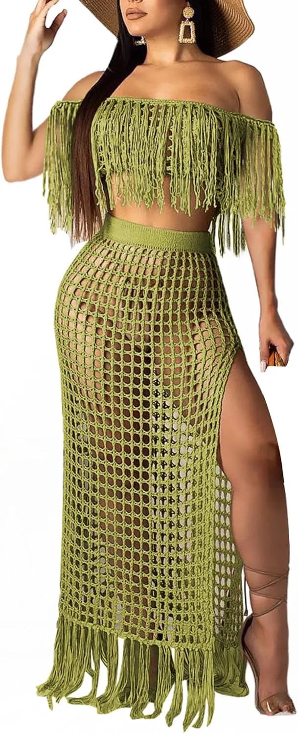Women Two Piece Skirt Set Fringe Hollow Out Off Shoulder High Slit Bikini Beach Cover Up