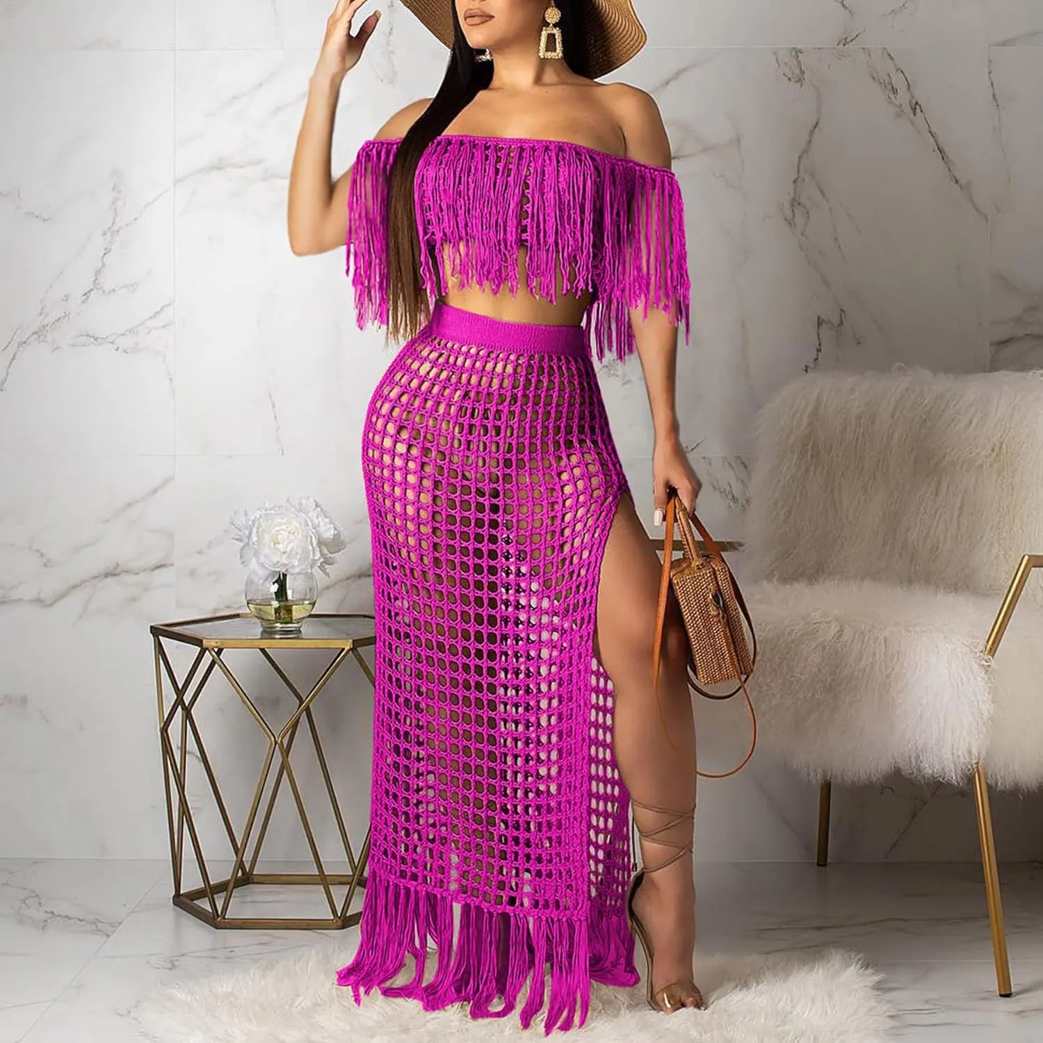 Women Two Piece Skirt Set Fringe Hollow Out Off Shoulder High Slit Bikini Beach Cover Up