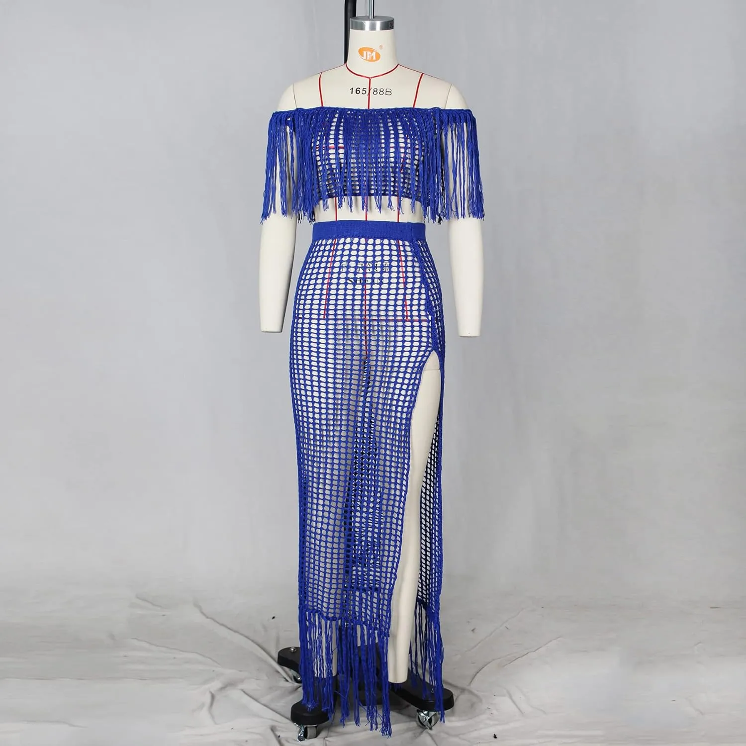 Women Two Piece Skirt Set Fringe Hollow Out Off Shoulder High Slit Bikini Beach Cover Up