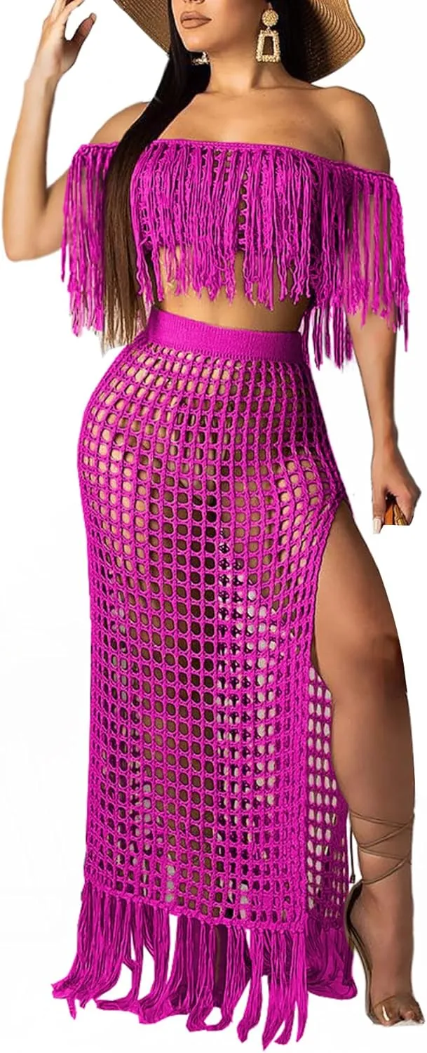Women Two Piece Skirt Set Fringe Hollow Out Off Shoulder High Slit Bikini Beach Cover Up