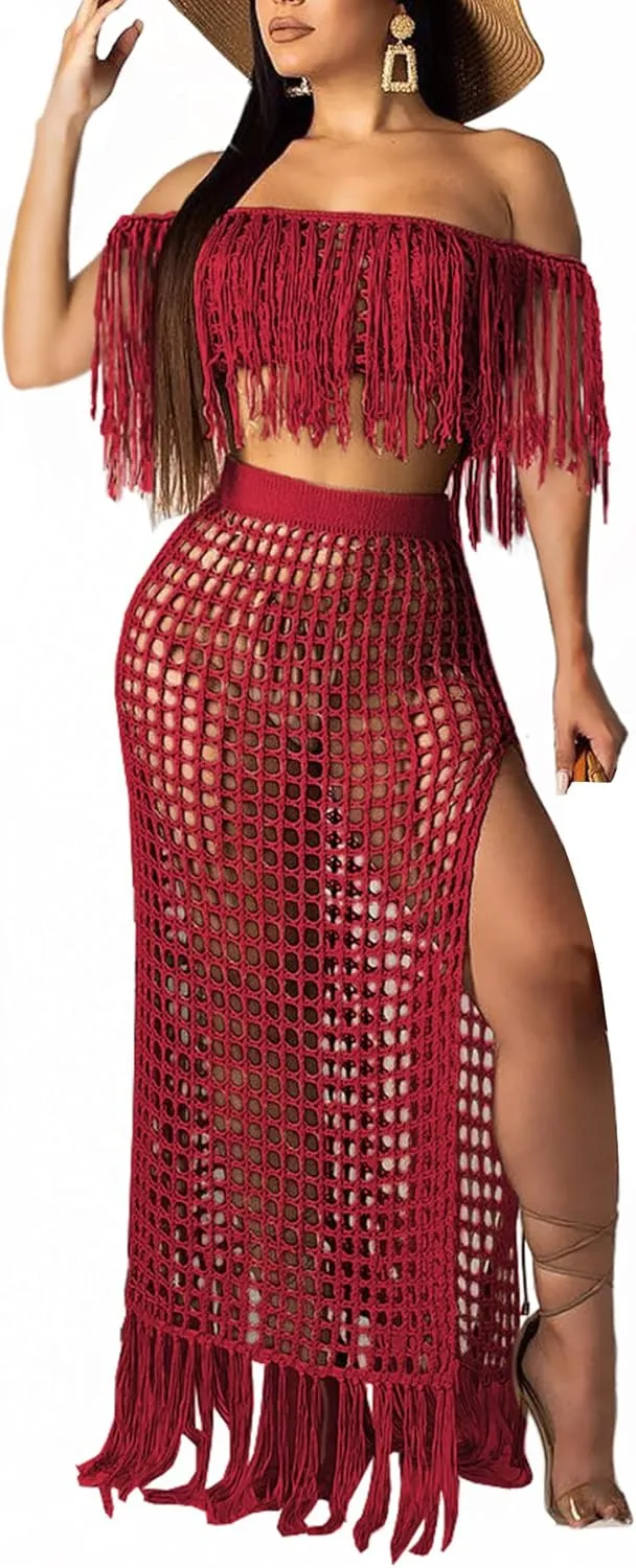 Women Two Piece Skirt Set Fringe Hollow Out Off Shoulder High Slit Bikini Beach Cover Up
