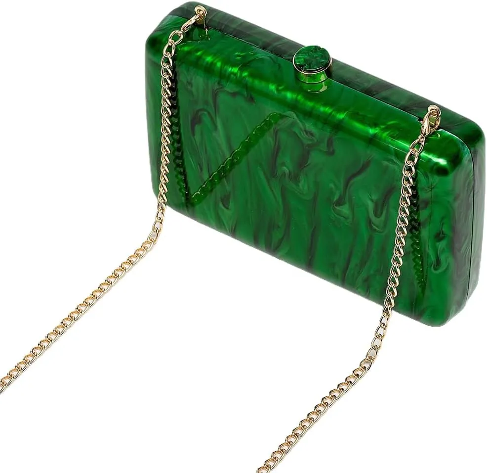 Women Vintage Square Evening Bag Marble Acrylic Clutch Purse Glitter Metal Chain Handbag for Family Gathering Dating