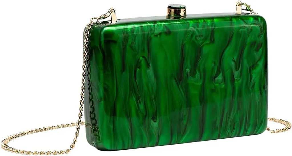 Women Vintage Square Evening Bag Marble Acrylic Clutch Purse Glitter Metal Chain Handbag for Family Gathering Dating
