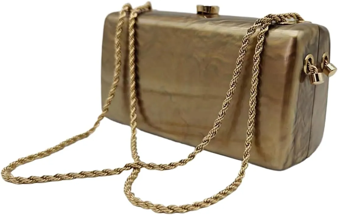 Women Vintage Square Evening Bag Marble Acrylic Clutch Purse Glitter Metal Chain Handbag for Family Gathering Dating