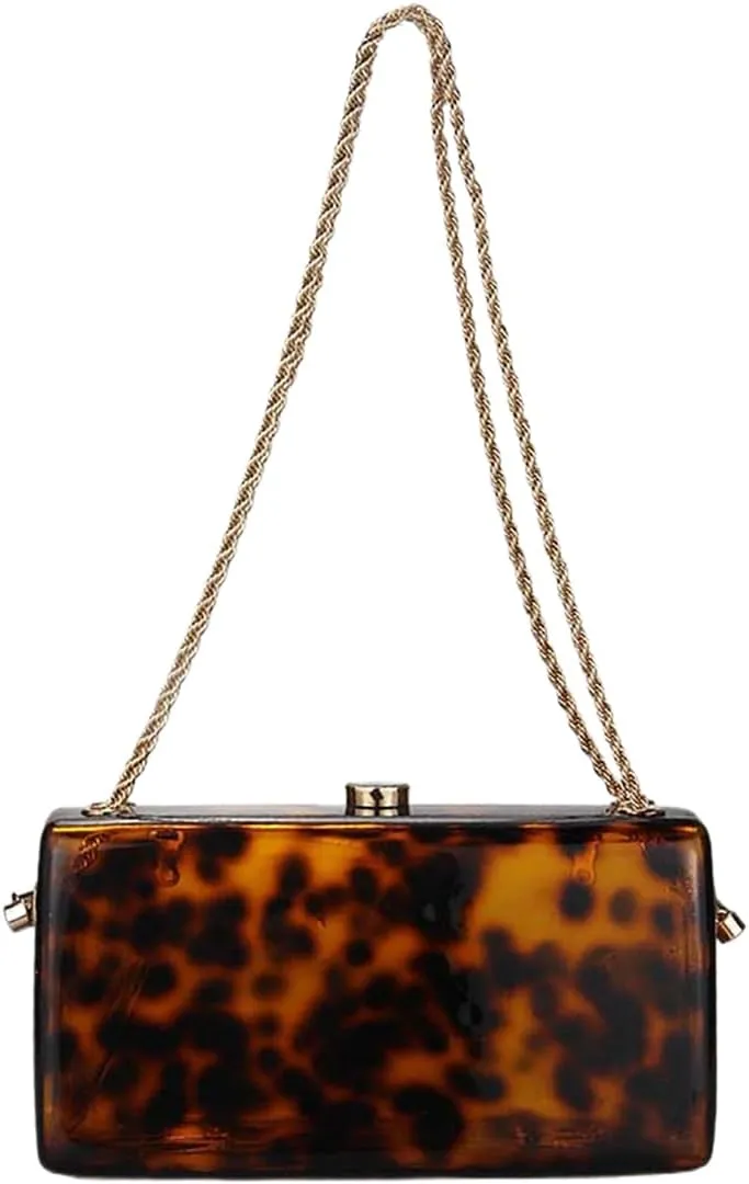 Women Vintage Square Evening Bag Marble Acrylic Clutch Purse Glitter Metal Chain Handbag for Family Gathering Dating