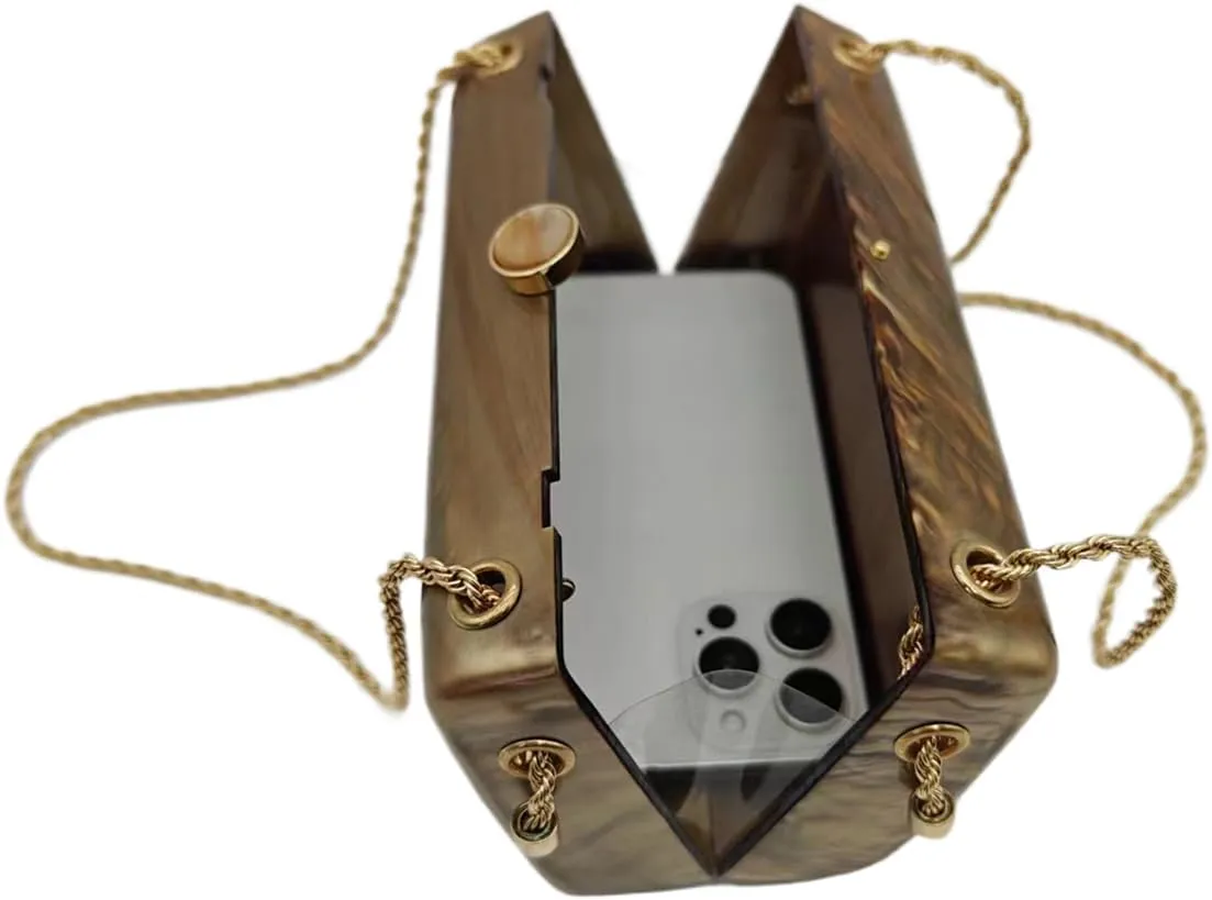 Women Vintage Square Evening Bag Marble Acrylic Clutch Purse Glitter Metal Chain Handbag for Family Gathering Dating
