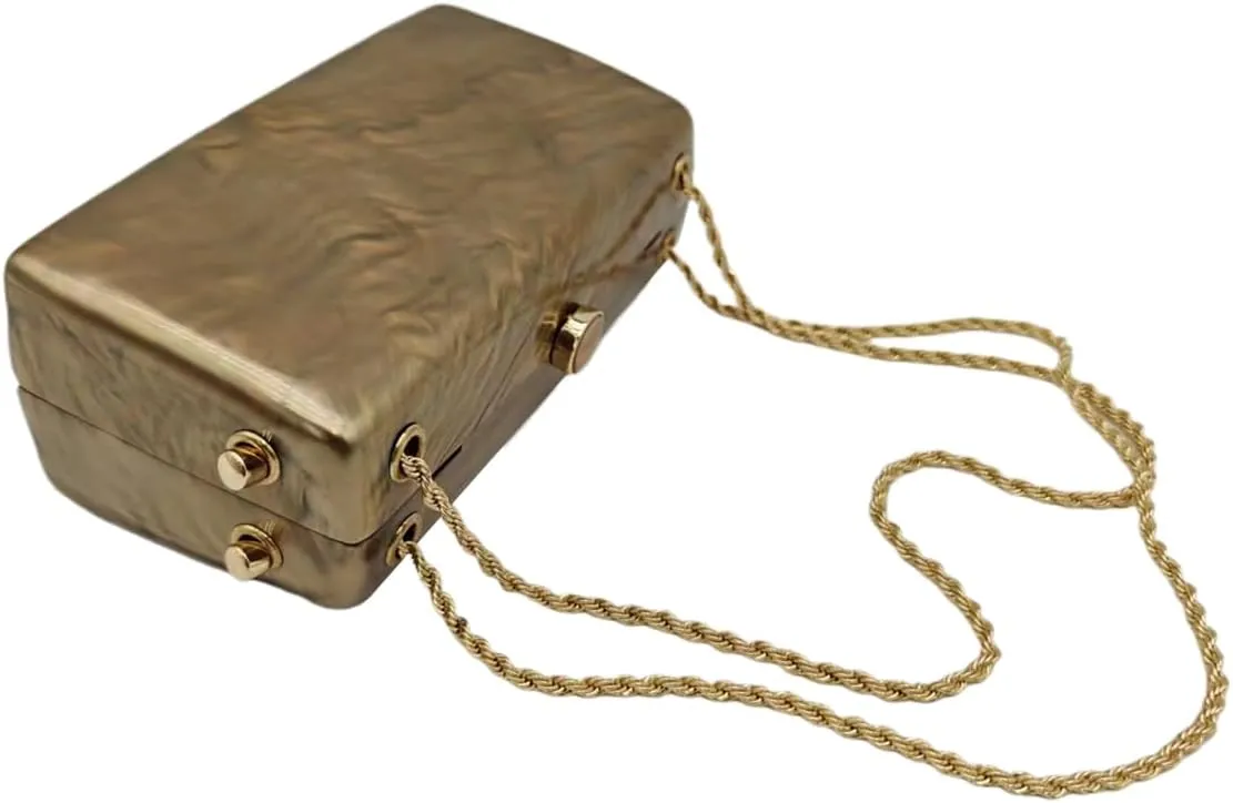 Women Vintage Square Evening Bag Marble Acrylic Clutch Purse Glitter Metal Chain Handbag for Family Gathering Dating