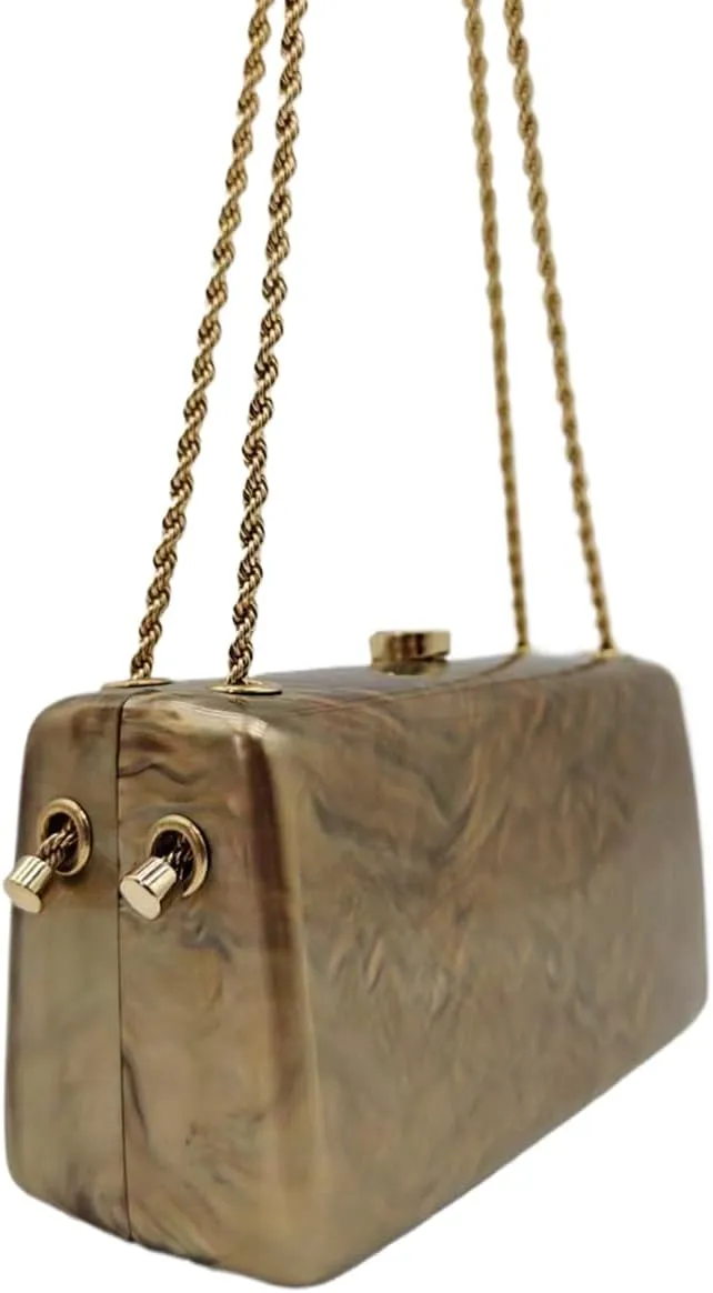 Women Vintage Square Evening Bag Marble Acrylic Clutch Purse Glitter Metal Chain Handbag for Family Gathering Dating