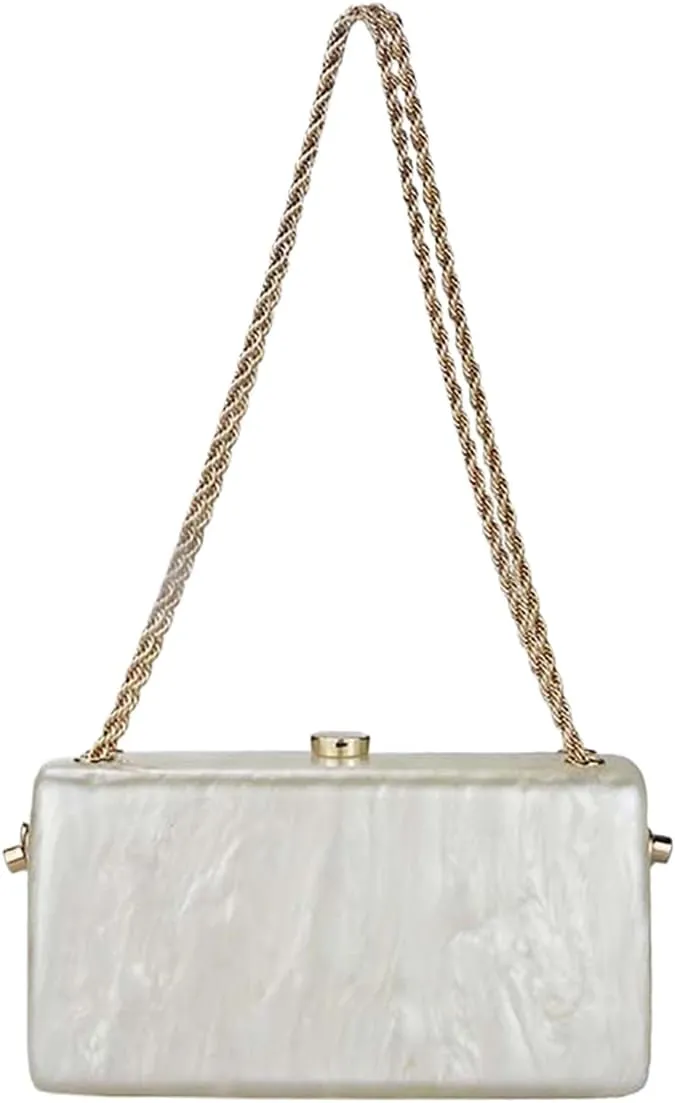 Women Vintage Square Evening Bag Marble Acrylic Clutch Purse Glitter Metal Chain Handbag for Family Gathering Dating