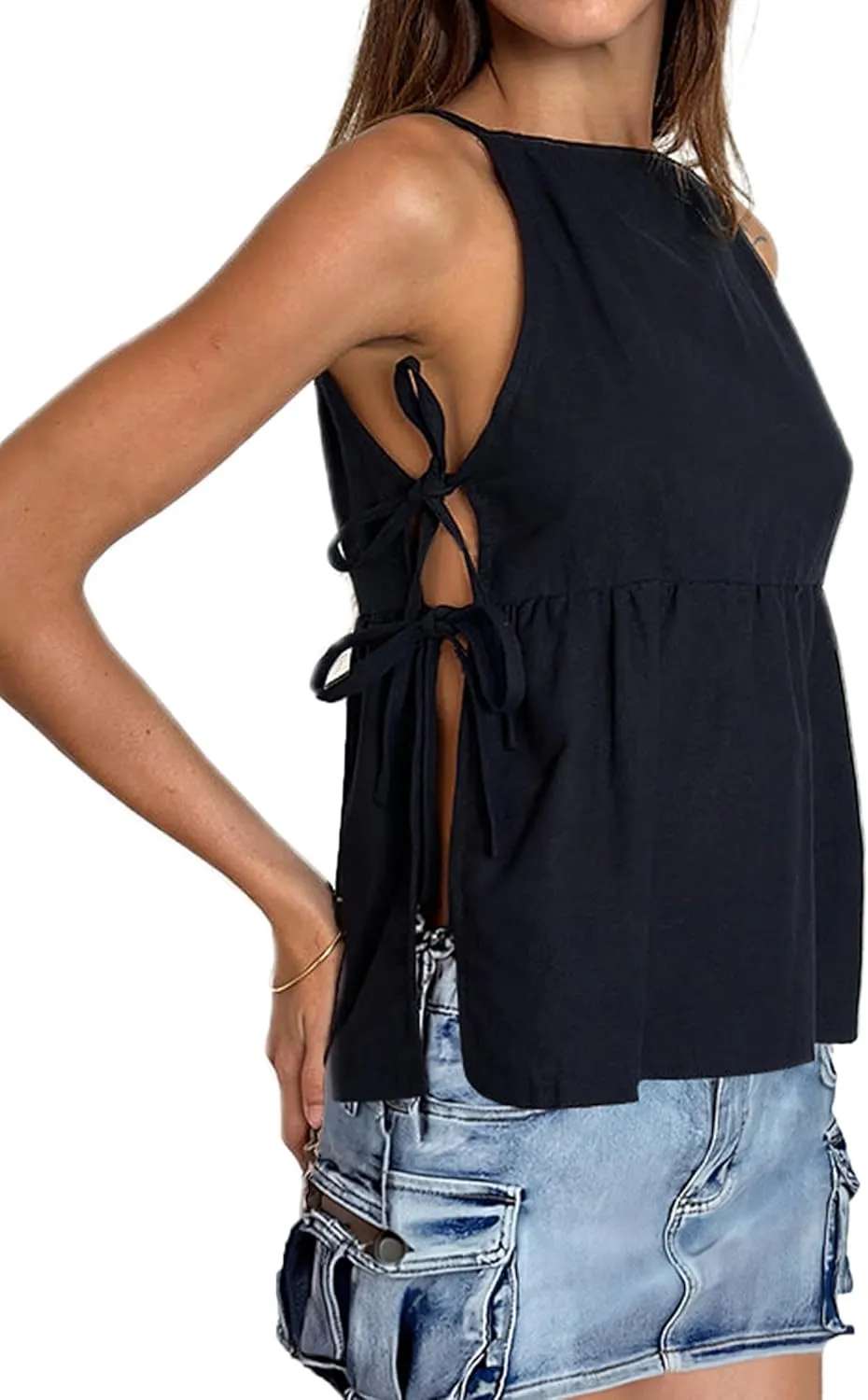 Women Y2k Babydoll Tank Top Tie Front Y2K Sleeveless Crop Top Coquette Spaghetti Strap Side Tie-up Peplum Camisole