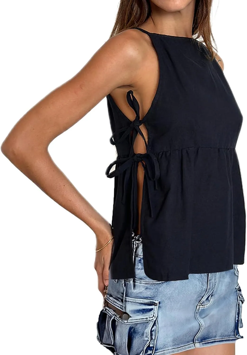 Women Y2k Babydoll Tank Top Tie Front Y2K Sleeveless Crop Top Coquette Spaghetti Strap Side Tie-up Peplum Camisole