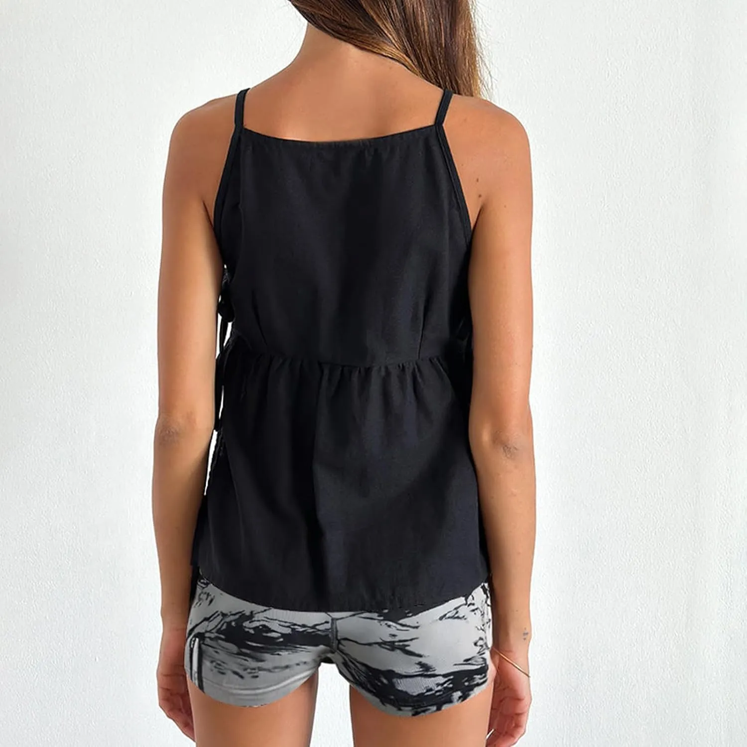 Women Y2k Babydoll Tank Top Tie Front Y2K Sleeveless Crop Top Coquette Spaghetti Strap Side Tie-up Peplum Camisole