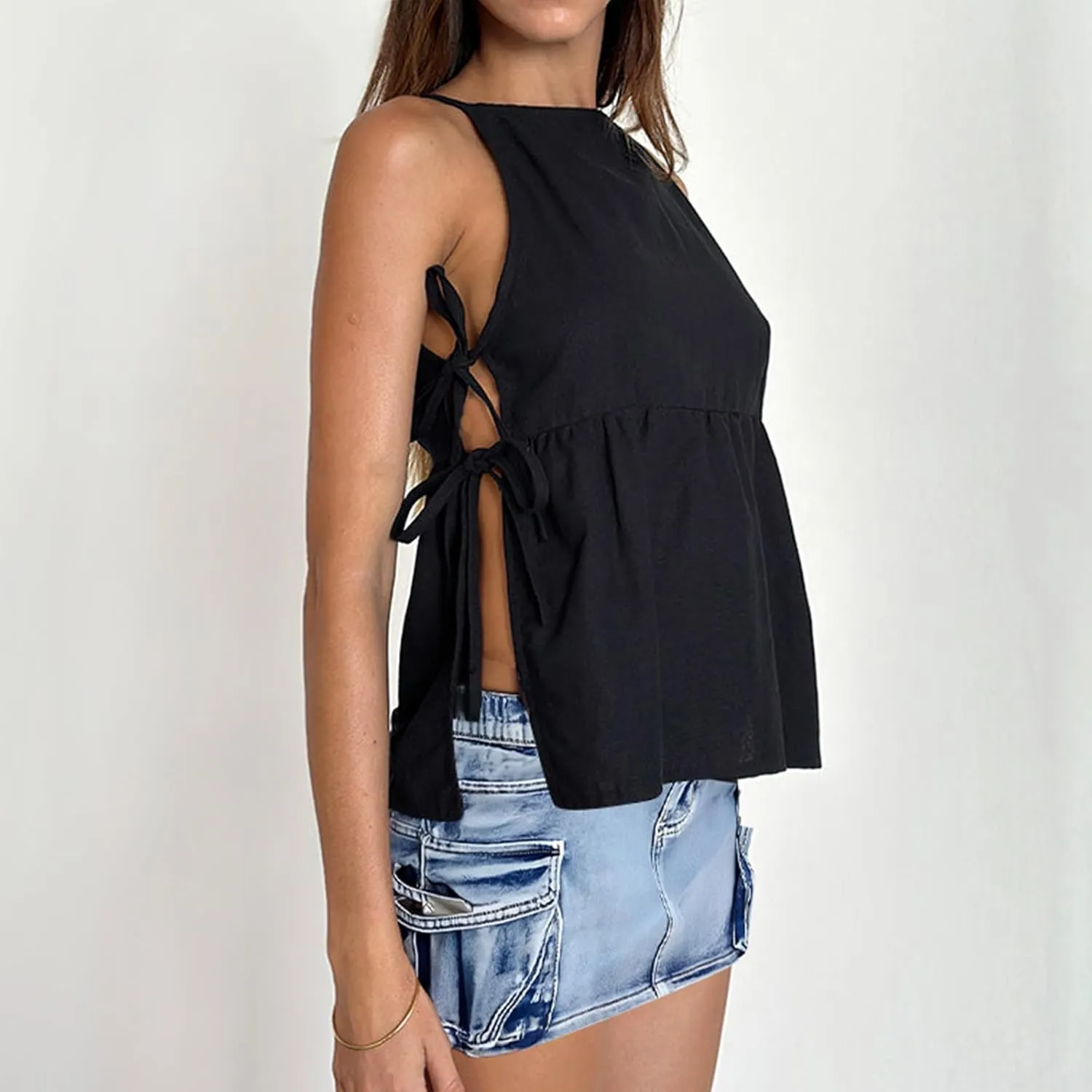 Women Y2k Babydoll Tank Top Tie Front Y2K Sleeveless Crop Top Coquette Spaghetti Strap Side Tie-up Peplum Camisole