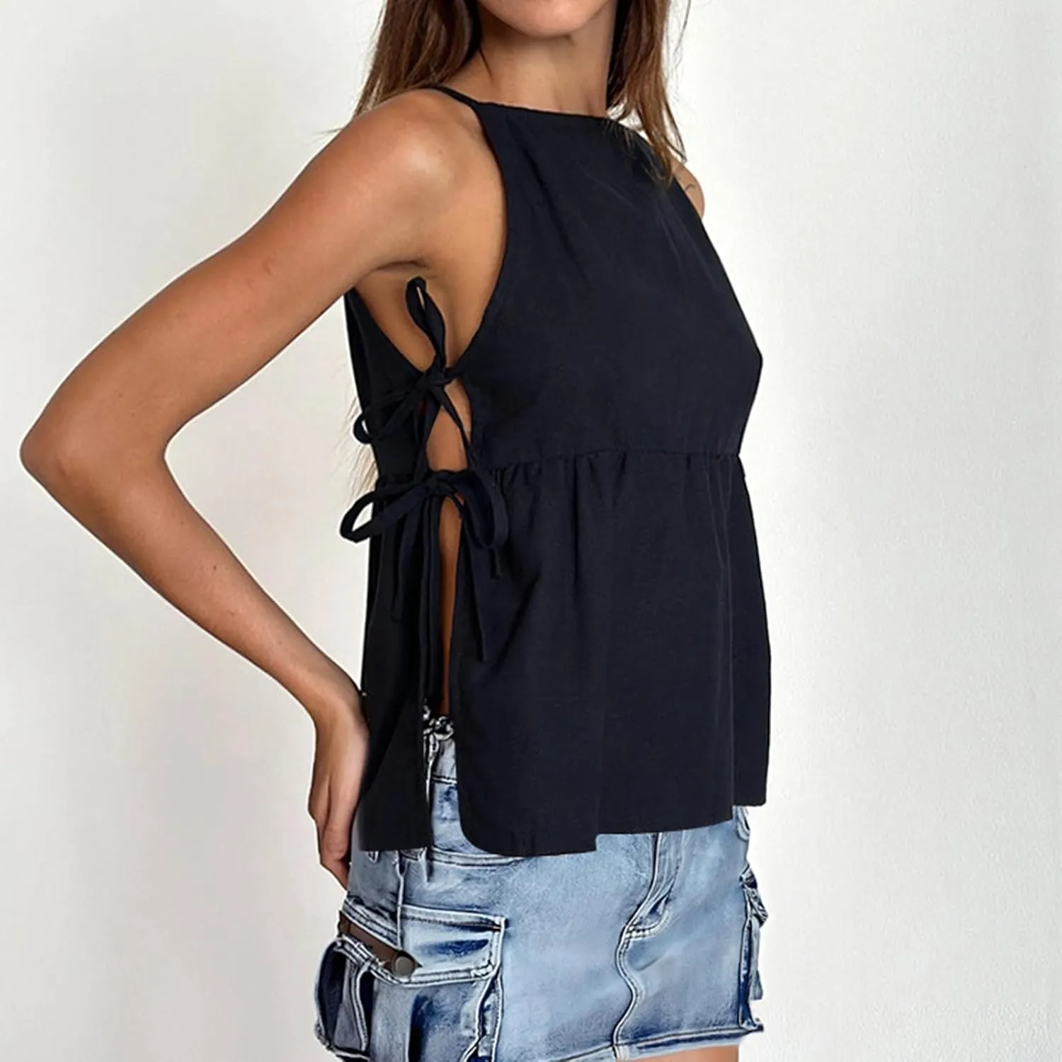 Women Y2k Babydoll Tank Top Tie Front Y2K Sleeveless Crop Top Coquette Spaghetti Strap Side Tie-up Peplum Camisole