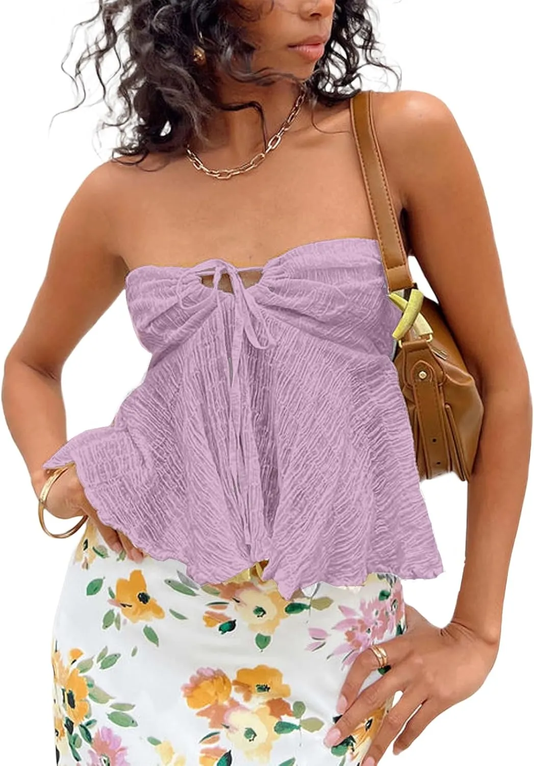 Women Y2k Backless Tube Top Strapless Ruched Front Tie Babydoll Summer Going Out Tops