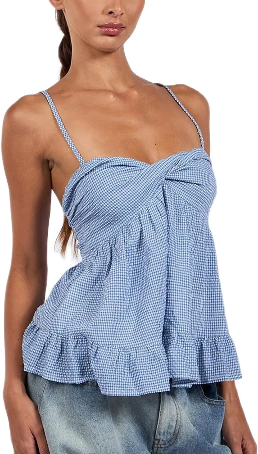 Women Y2k Floral Babydoll Tank Cami Top Spaghetti Strap Cut Ruffle Sleeveless Shirts Aesthetic Going Out Tops